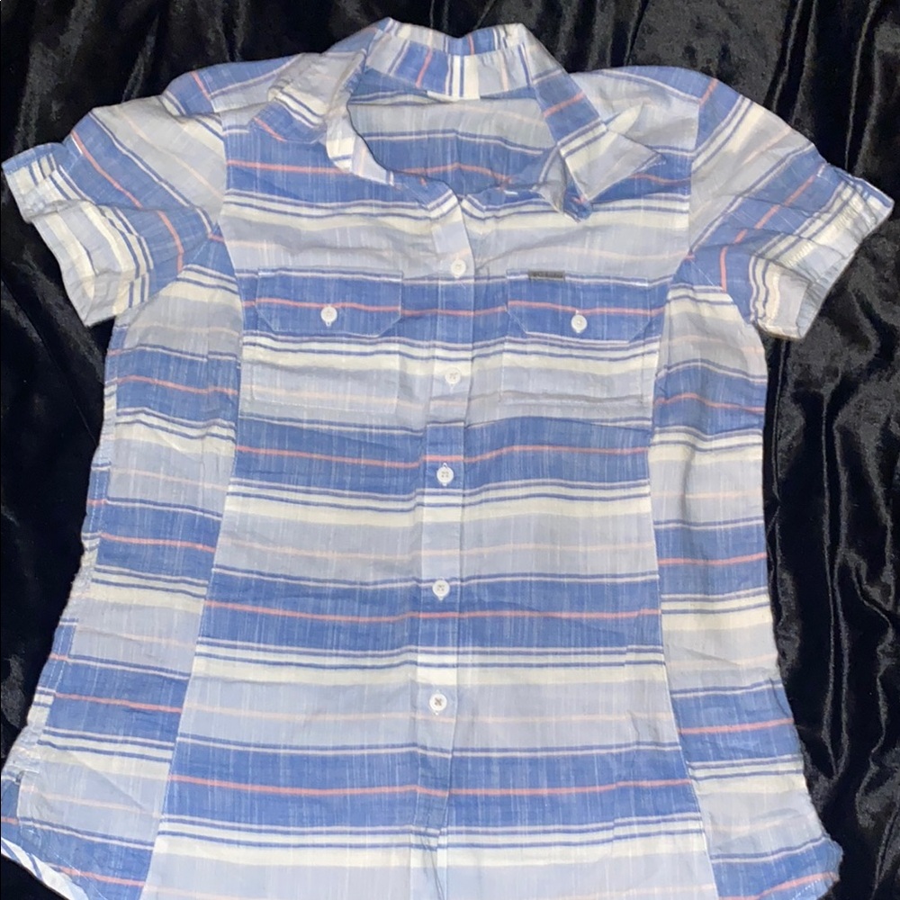 Women's Striped Button-Up Blouse - Blue and White
